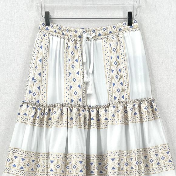 KASIA Ariel Maxi Skirt Womens Medium White Metallic Gold Blue Aztec Print Tiered - Picture 3 of 13